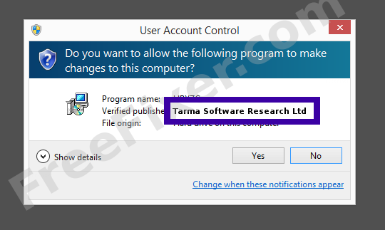 Screenshot where Tarma Software Research Ltd appears as the verified publisher in the UAC dialog